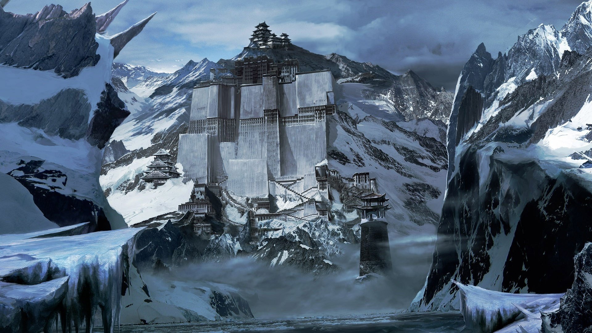 base en roca construcción de metal invierno montañas nieve fantasía