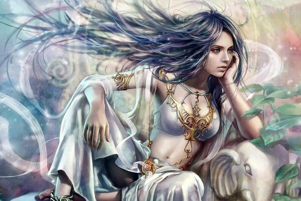 Belleza Oriental con el pelo azul en la meditación