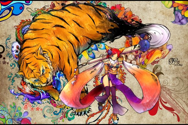 Figura de una niña y un enorme tigre