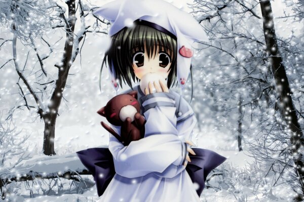Chica con interés jugando con la nieve