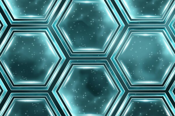 Hexágonos turquesa flotando sobre la cabeza