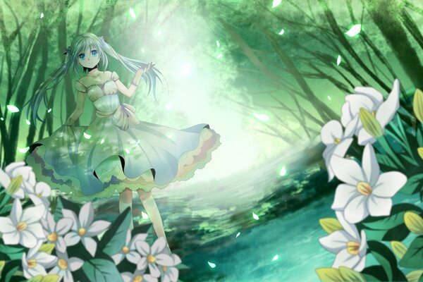 Hatsune miku en el bosque entre las flores. anime