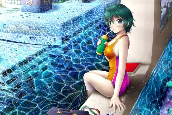 Traje de baño brillante húmedo en chica de pelo verde