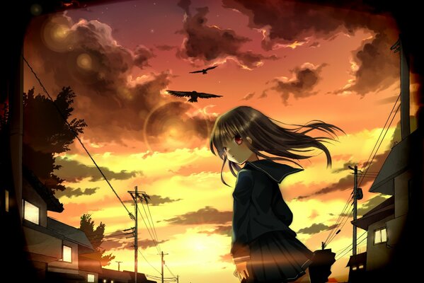 Chica anime en el fondo del sol y los pájaros