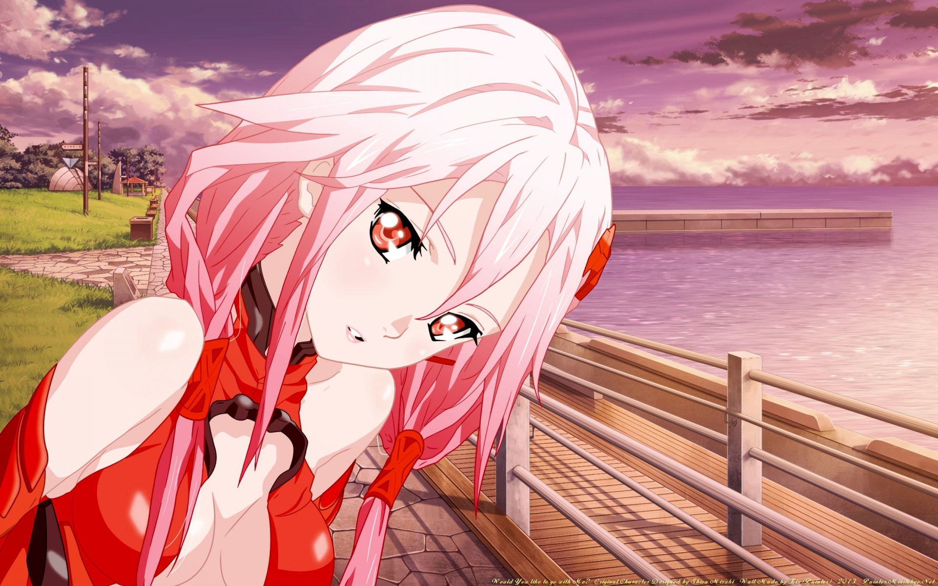 cielo nubes ojos rojos pelo rosado yuzuriha inori