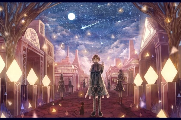 Noche, Luna, chica de la ciudad y gatito negro en medio de la calle anime