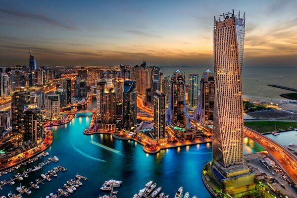 Edificios nocturnos en la ciudad de Dubai