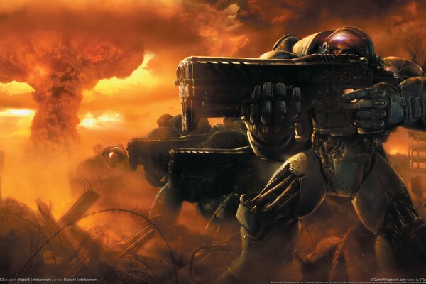 Starcraft 2 guerra. héroes en medio de una explosión con armas