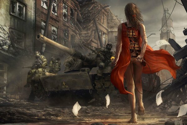 La chica del vestido rojo en la guerra