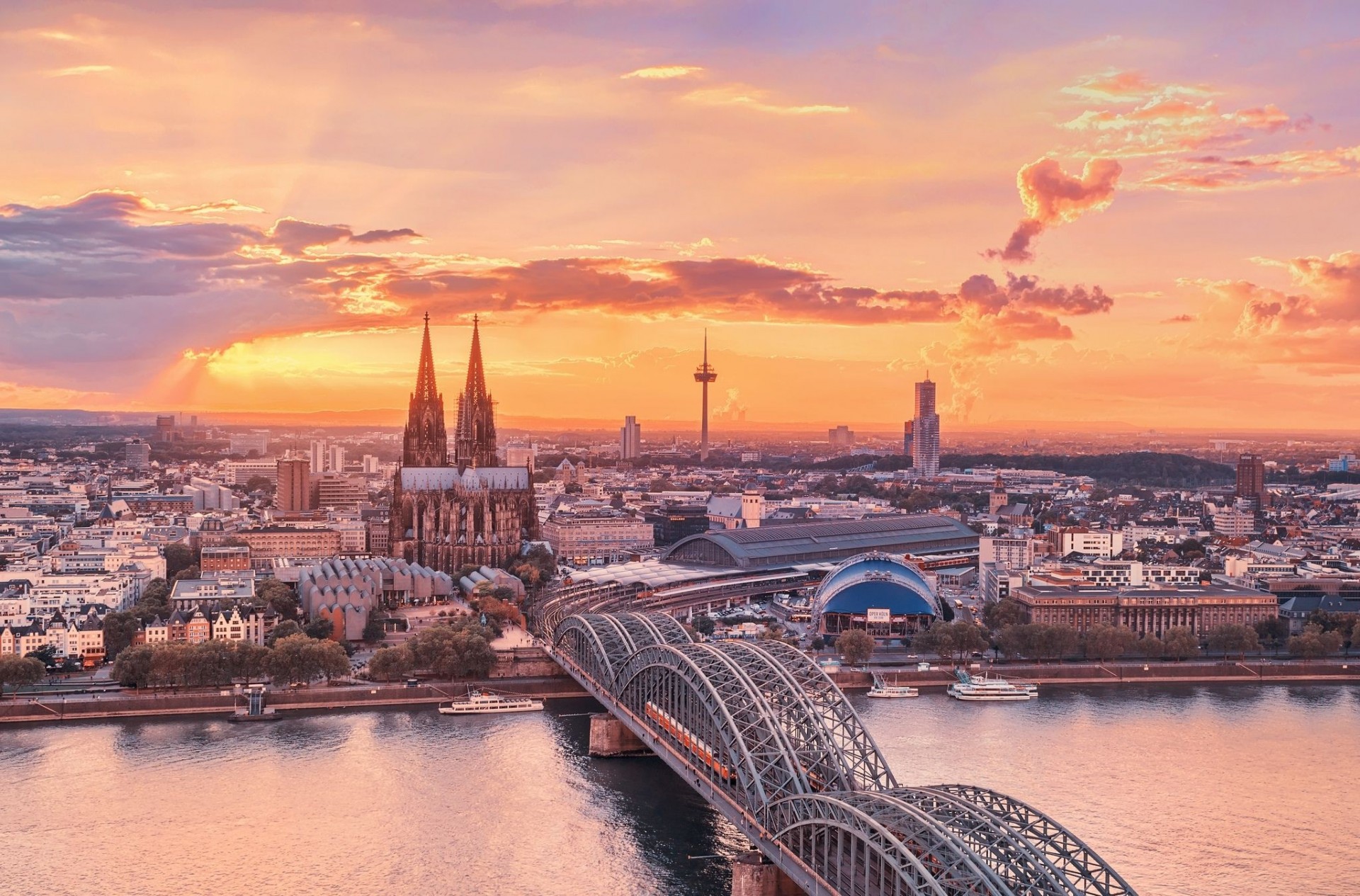 puesta de sol río puente ciudad cielo alemania rin