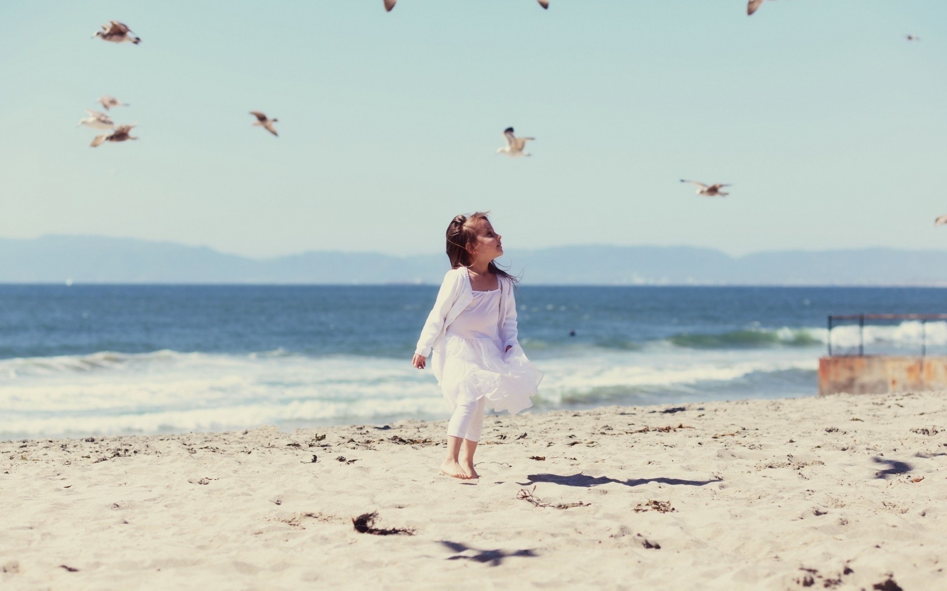 pantalla ancha pantalla completa playa huellas estado de ánimo niños pájaros fondo mar papel pintado agua ola niña viento arena pájaros