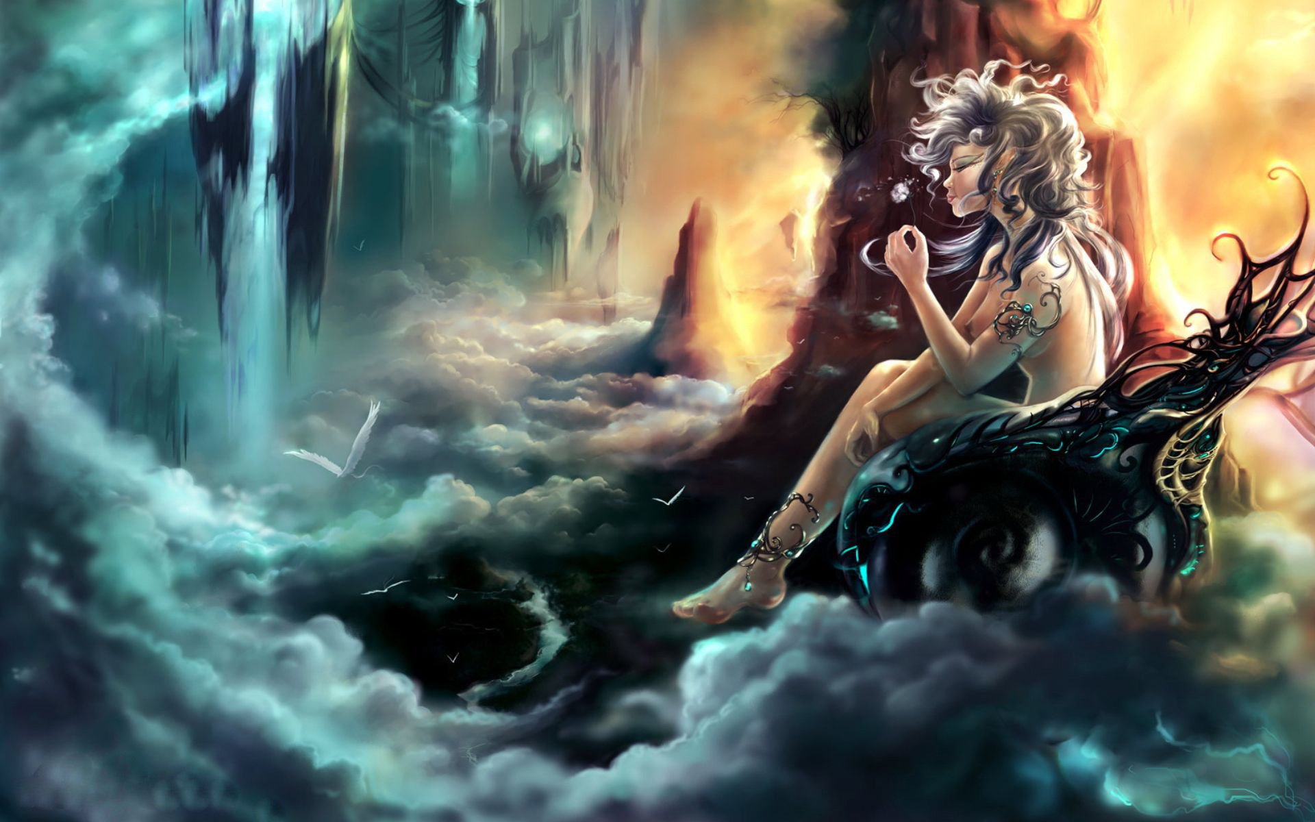 nubes flor diosa cielo chica pájaros