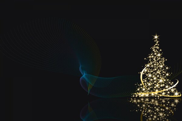 Árbol de Navidad con luces con una estrella sobre un fondo oscuro con reflejos