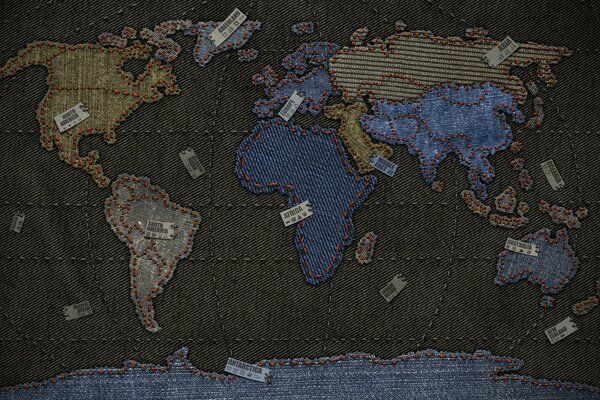 Mapa del mundo inusual de Denim con etiquetas