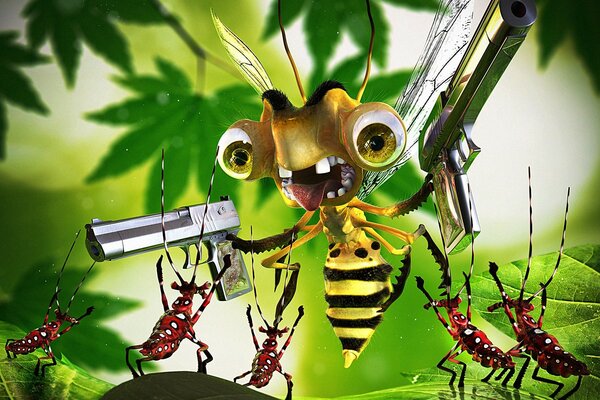 Una abeja con pistolas amenaza a los escarabajos
