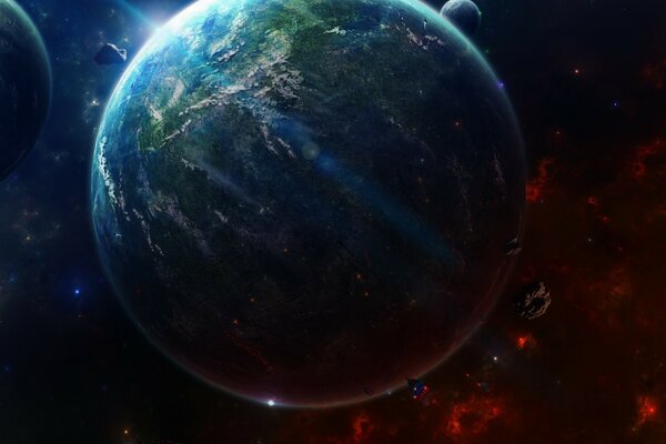 el planeta Tierra. Futuro. Asteroides. Basura espacial. Satélites. Planeta verde. Vehículo espacial. Luna