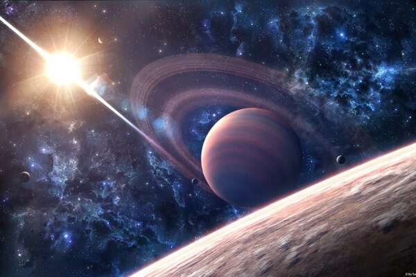 Los rayos del sol iluminan los planetas