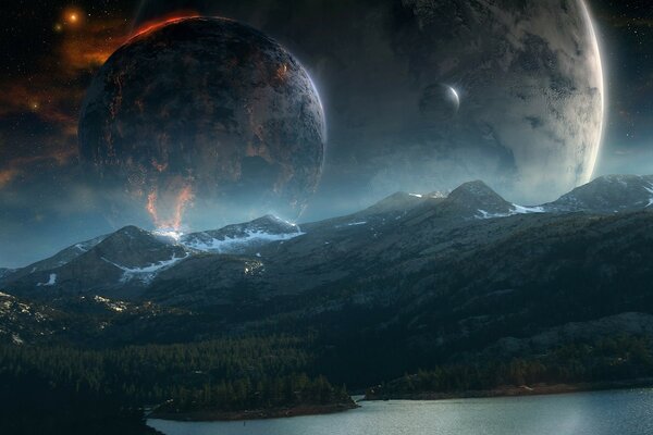 Arte fantasía mundo planeta en el fondo