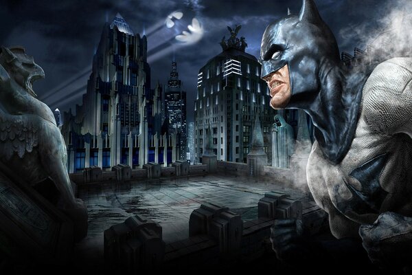 Batman en el fondo de un castillo con una gárgola
