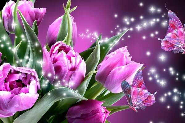 Collage de tulipanes rosados y mariposas