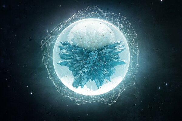 Esfera cósmica sobre un fondo oscuro con estrellas