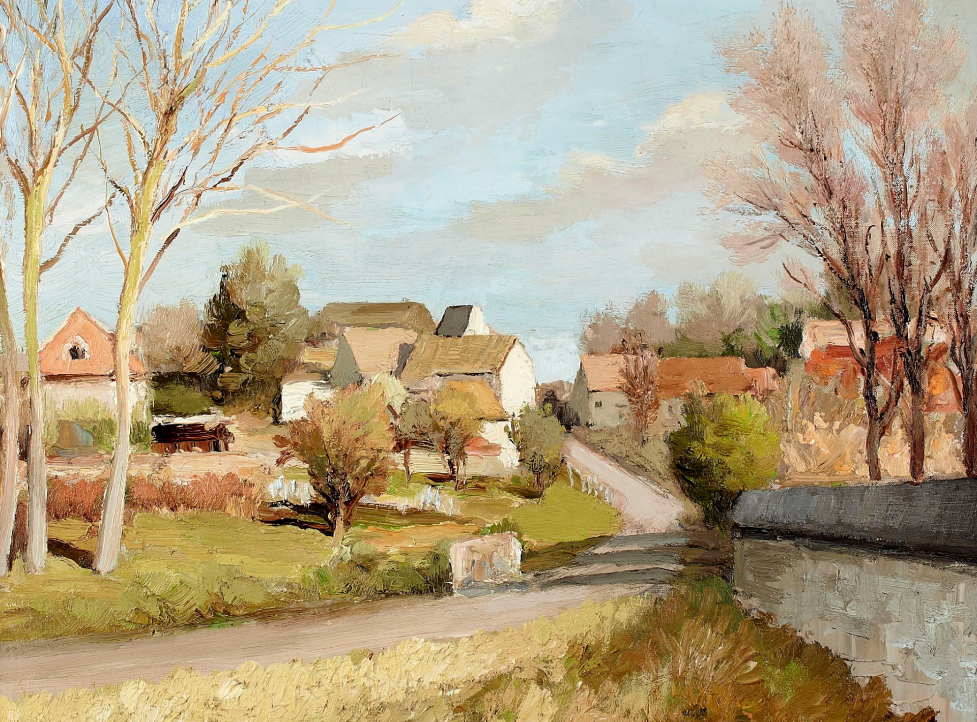 marcel dif tres álamos en nofle-le-château pintura paisaje camino árboles casas