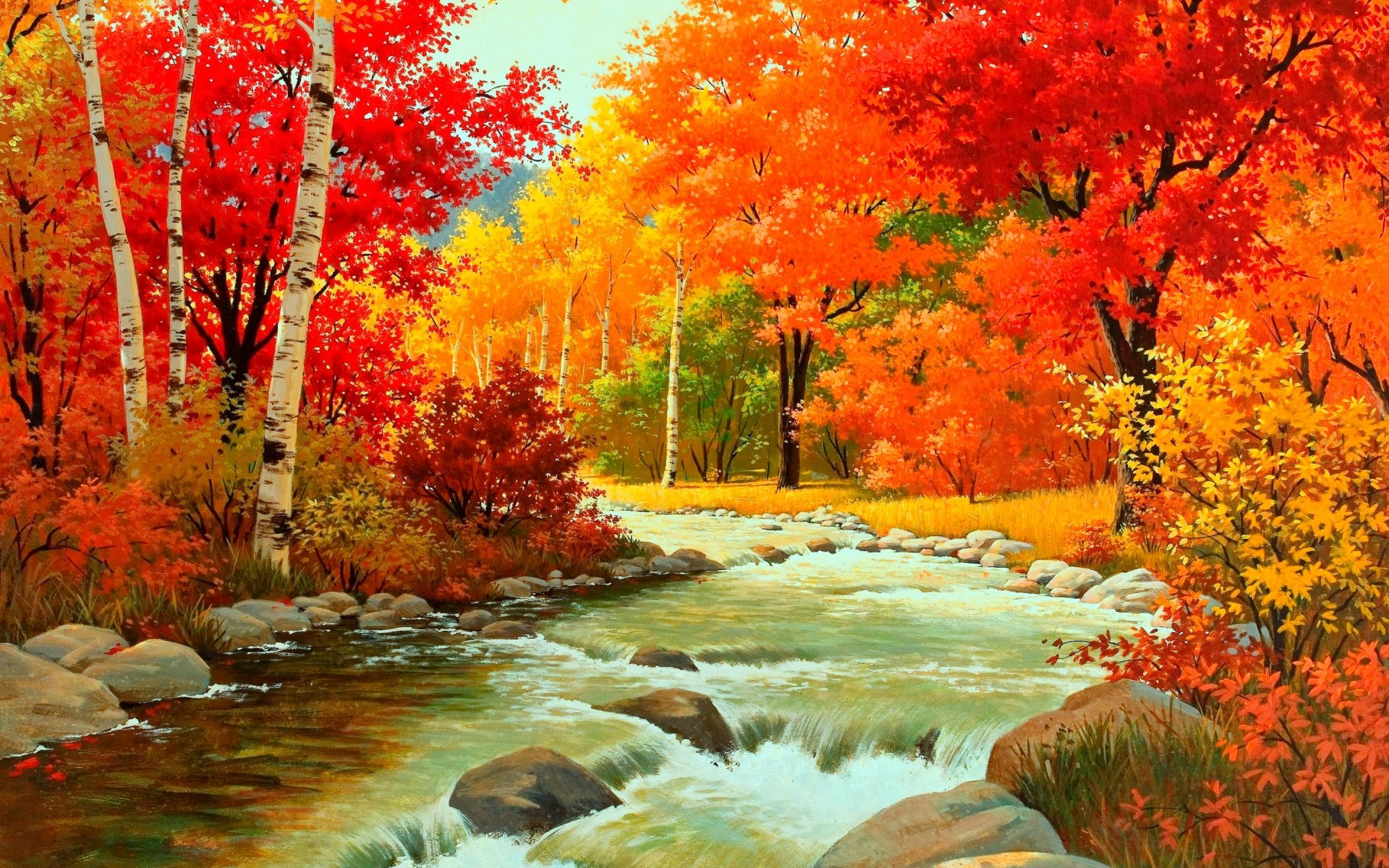 otoño bosque follaje río agua rocas arbustos