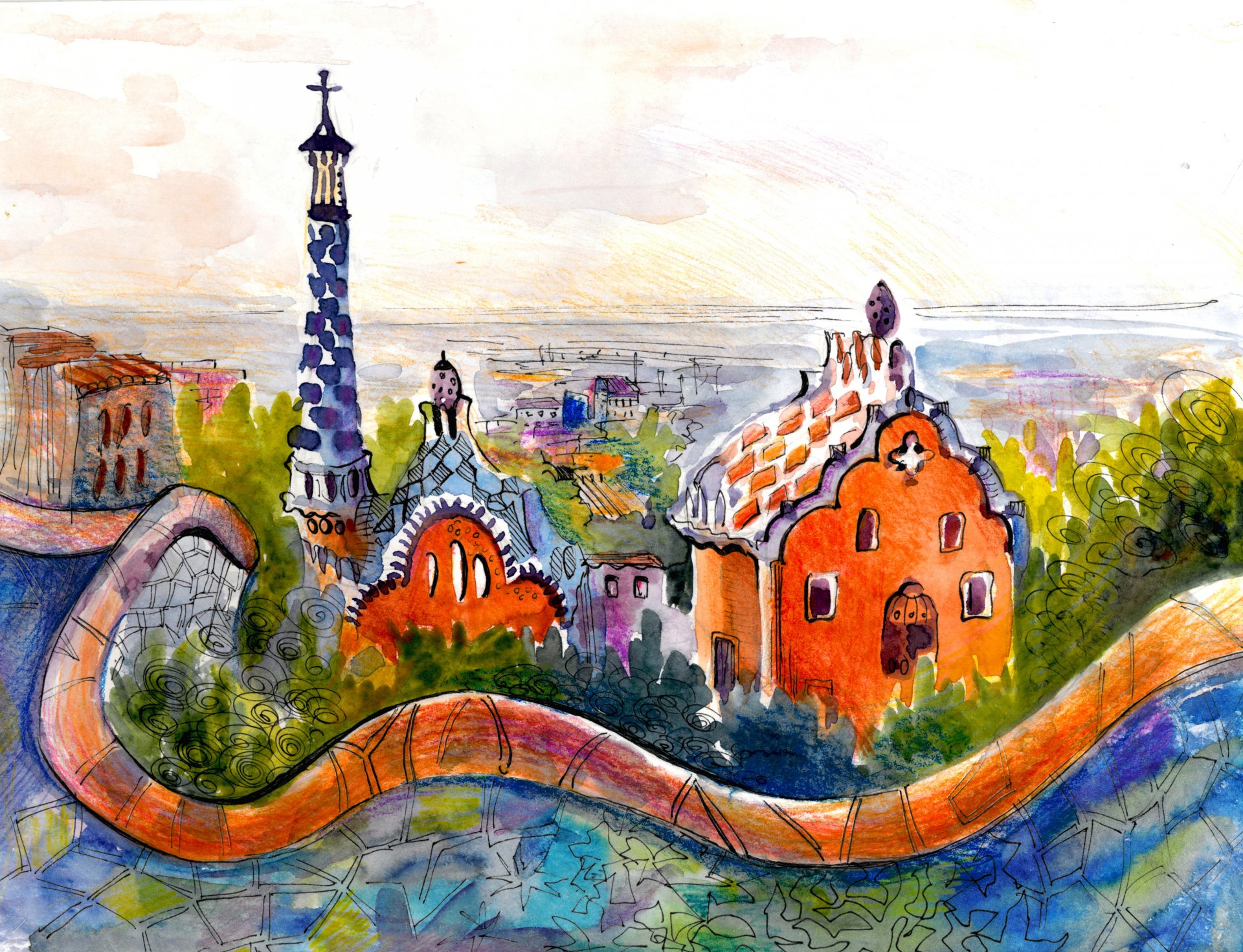 acuarela casas techos ciudad