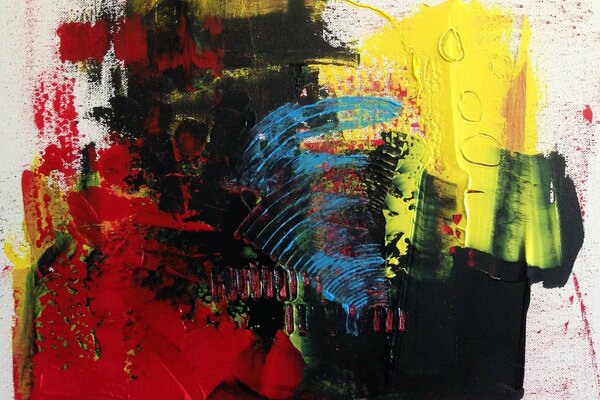 Pintura abstracta con rayas rojas, amarillas y negras sobre un fondo amarillo