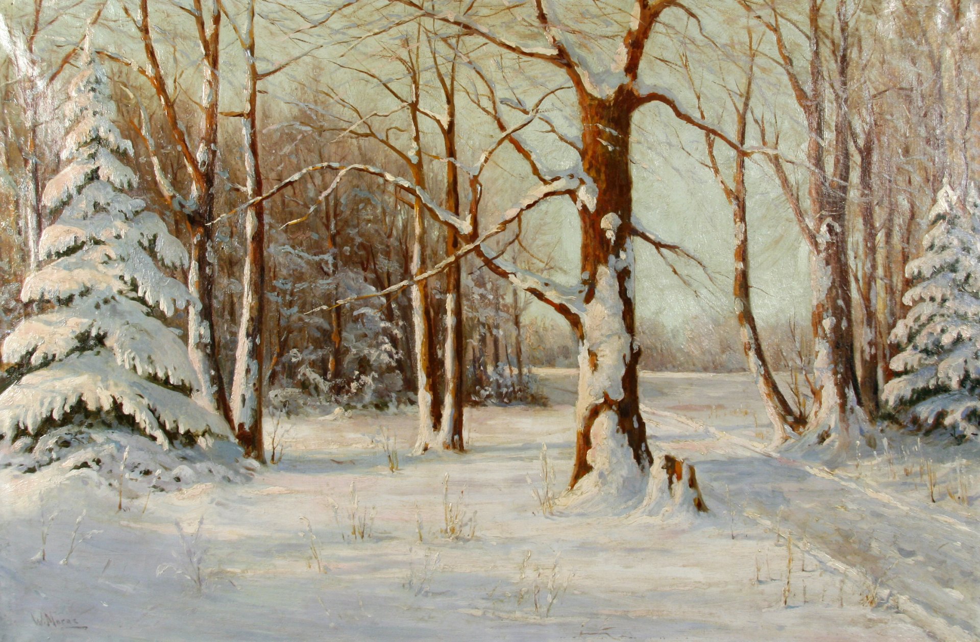 pintura paisaje walter moras invierno nieve bosque árboles árboles de navidad