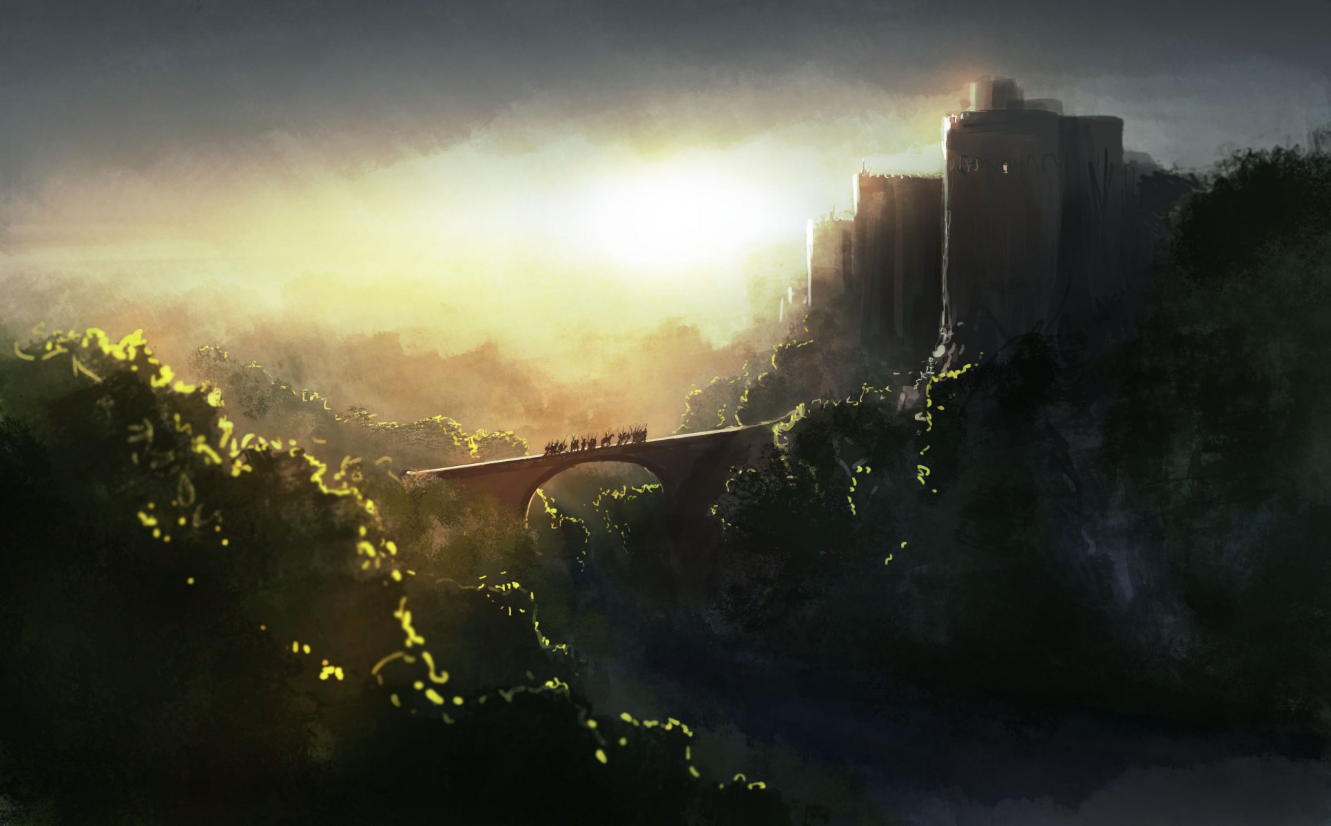 arte mañana castillo árboles jinetes caballos