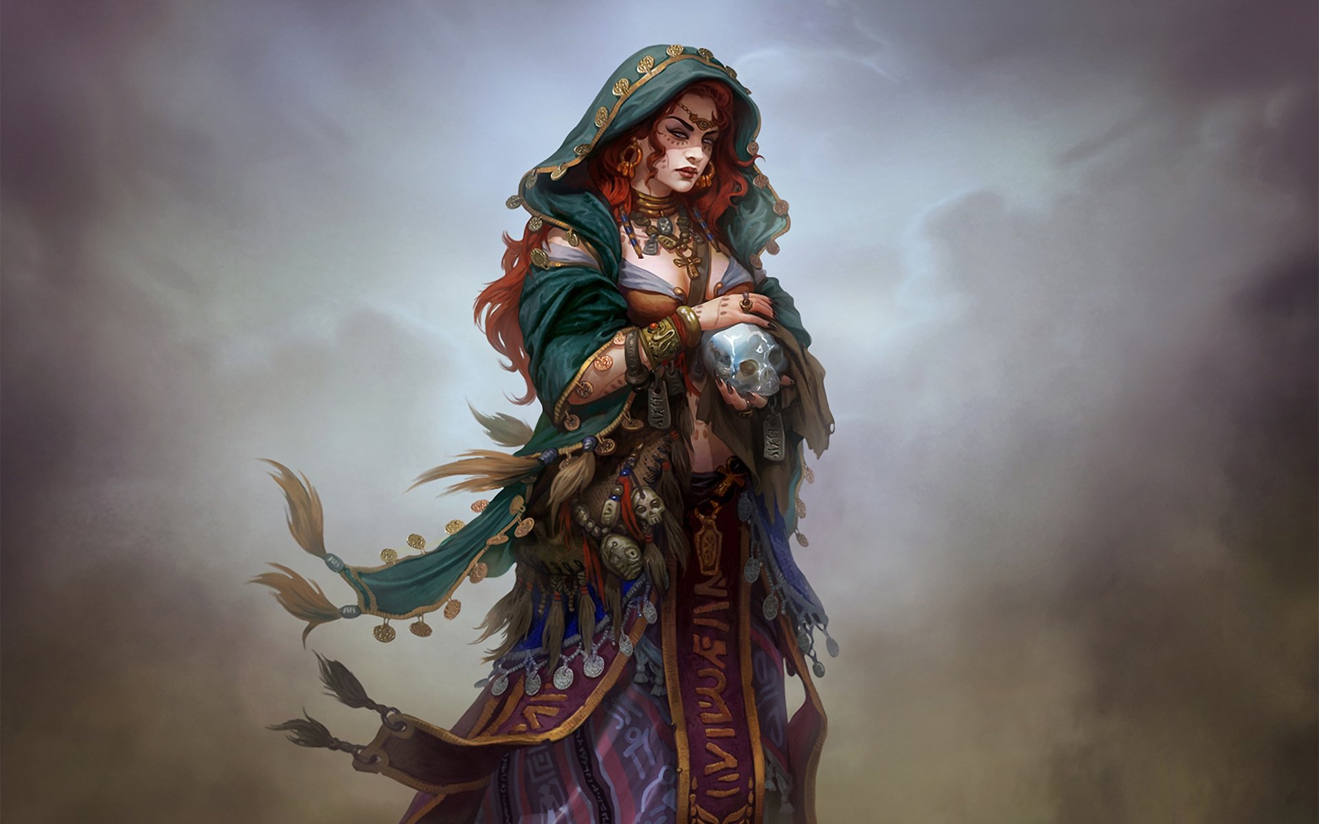 chica médium cráneo adornos patrones mirada niebla