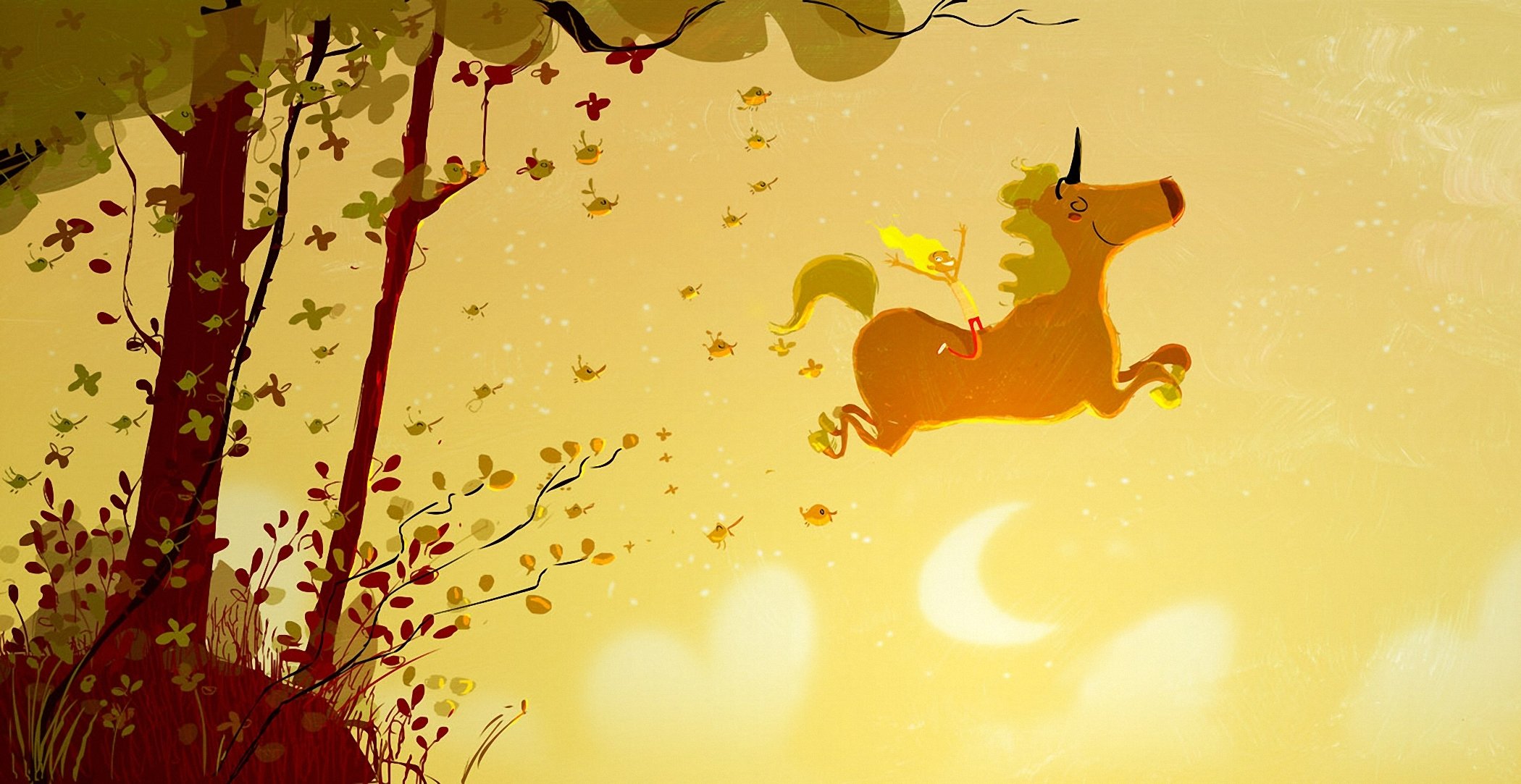 fantasía unicornio chica alegría árboles pájaros