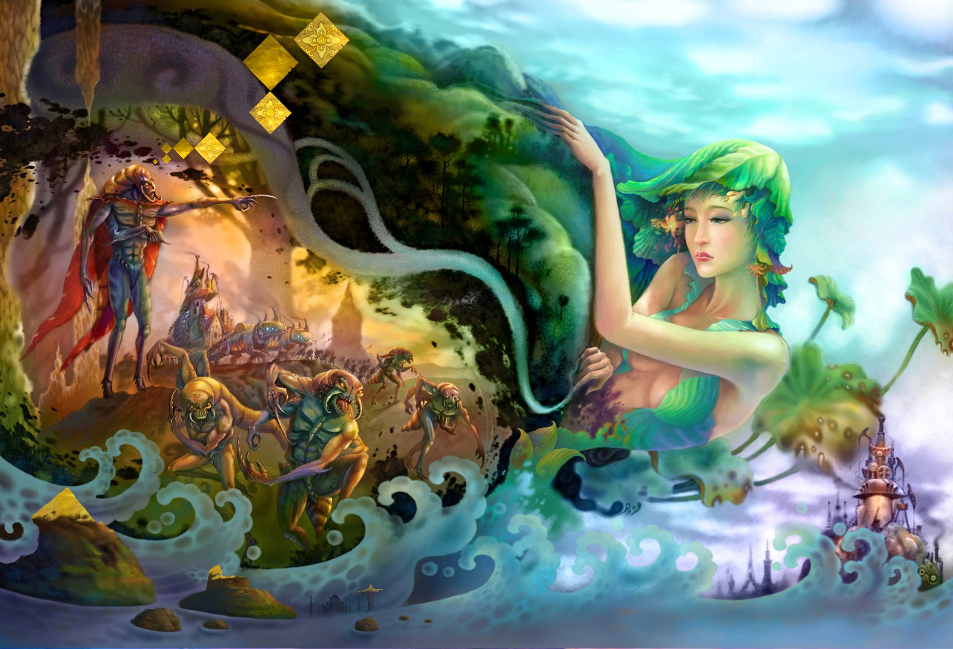 arte chica monstruos plantas olas mar surrealismo