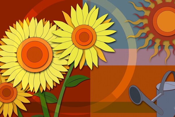 Dibujo vectorial de girasoles, sol y regadera
