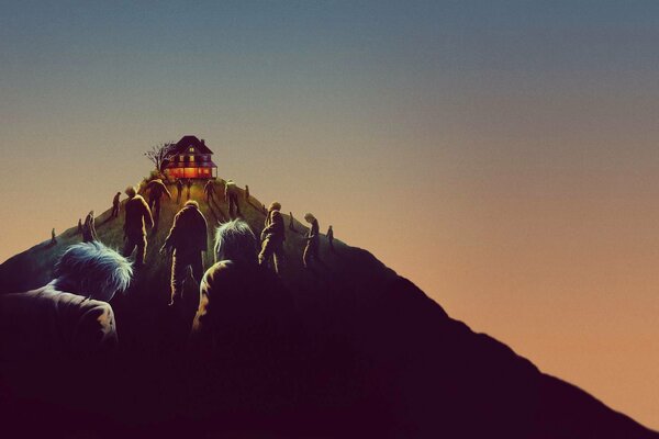 Dibujo de una montaña por la que la gente camina hacia las luces