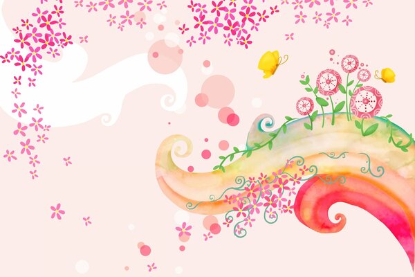 Fondo de pantalla rosa con remolinos de mariposas y flores