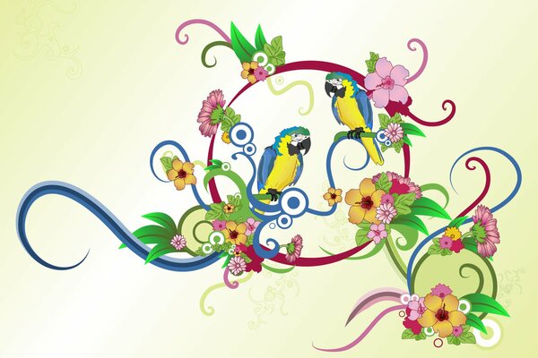 Par de loros en un fondo verde con flores