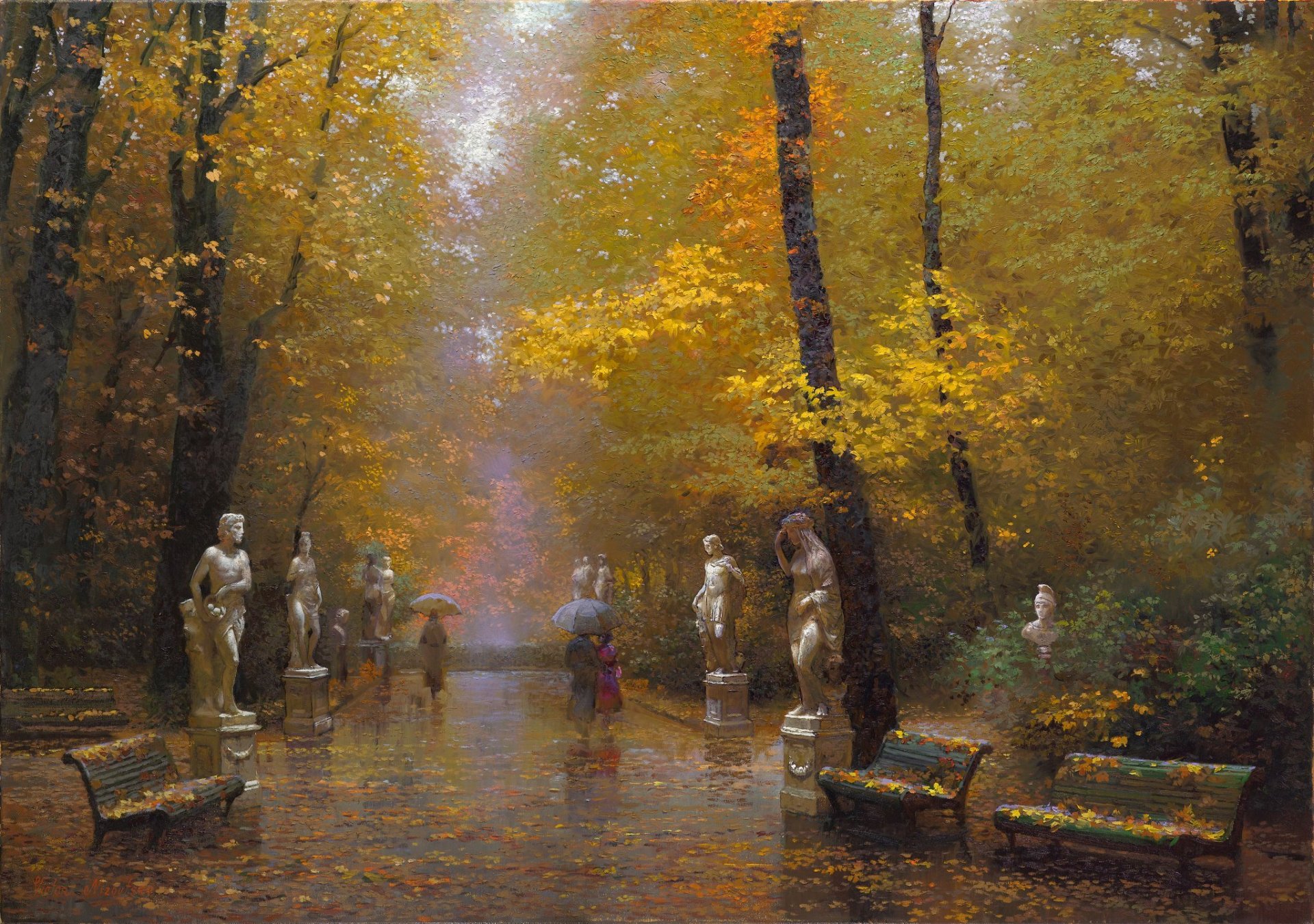 pintura paisaje arte victor nizovtsev parque árboles otoño dorado caída de hojas lluvia paraguas paseo estatuas bancos