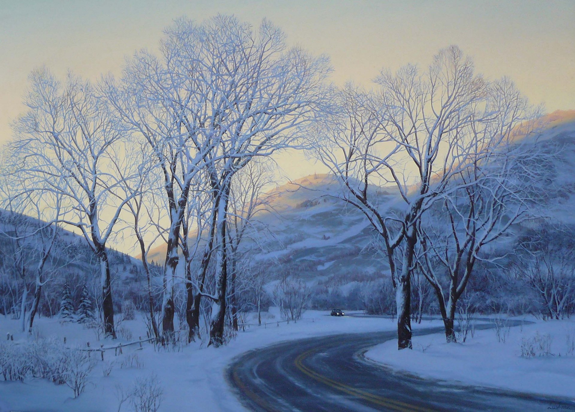 parque de la ciudad eugene lushpin pintura arte lushpin invierno nieve carretera coche noche árboles eugene lushpin paisaje lushpin invierno coche montañas