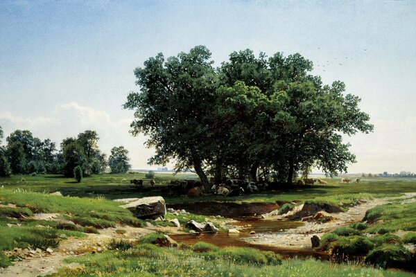 Árboles en el campo. El rebaño descansa bajo los árboles