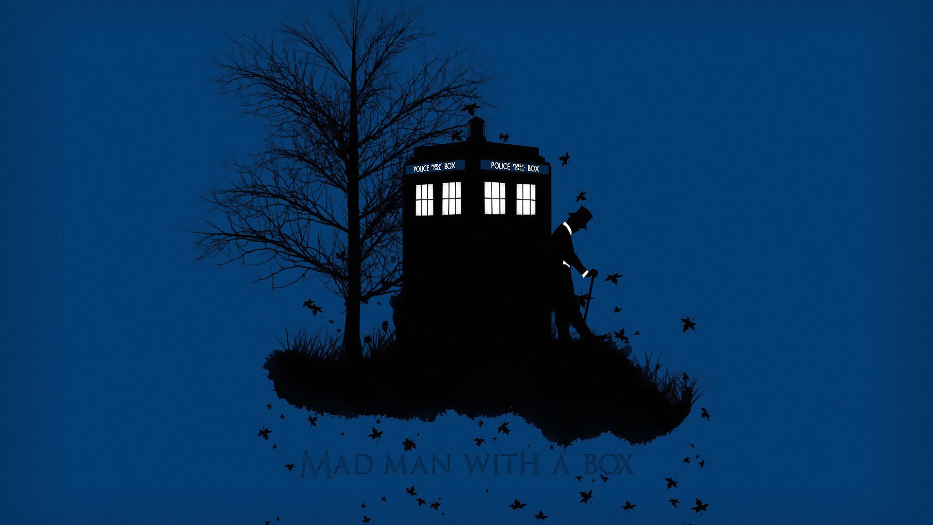 doctor who tardis cabina árbol hojas hierba otoño silueta sombrero cilindro bastón fondo