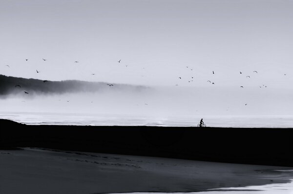 Foto sombría con un hombre junto al mar en bicicleta