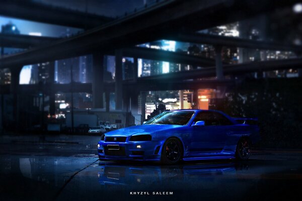 Coche azul en el fondo de la ciudad nocturna