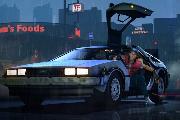 Imagen de un hombre en un coche de la película Regreso al futuro