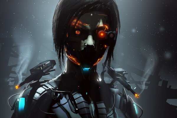 Cyborg chica con ojos rojos