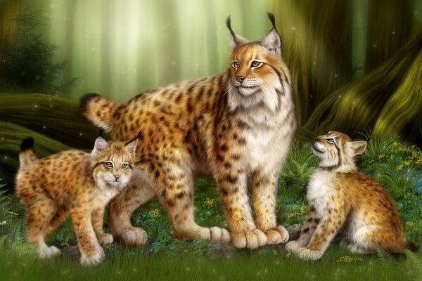 Lince con gatitos en el bosque