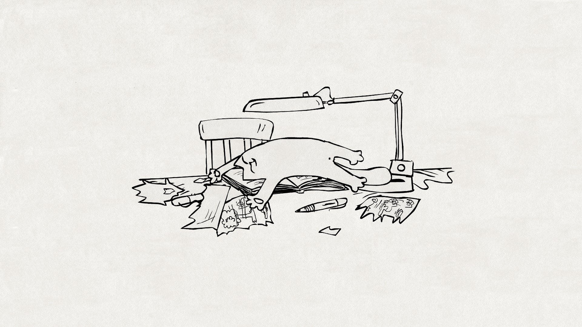 gato cote miente escritorio silla lámpara pluma papel trozos dibujo gato de simon