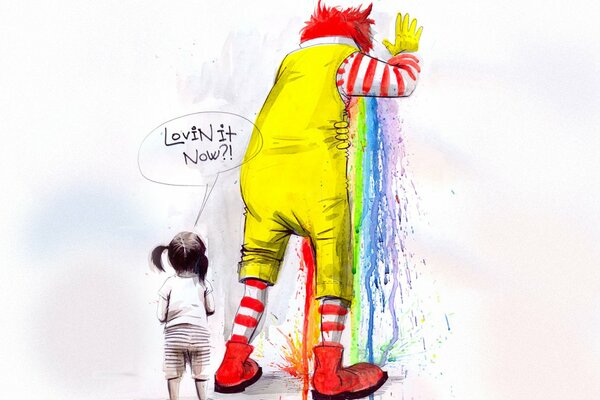 Un payaso de McDonald s vomita con un arco iris. Cerca de la chica