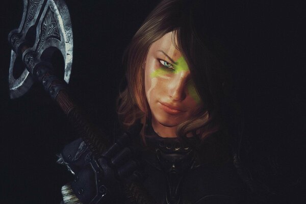 Representación de una chica con un hacha sobre un fondo negro